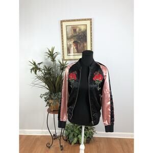 FOREVER 21 Women Black And Dusty Pink Solid Bomber Jacket Rose Appliqué Y2K Sm